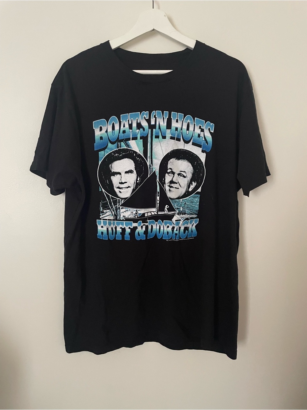 Hanes Black Tee with Blue Graphic "Boats 'N Hoes"